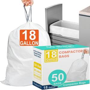 lot 1187 image: 18 Gallon Heavy Duty Compactor Trash Bags 50 Count Reinforced Drawstring Garbage Liners 1.2 Mil Thickness Fit 18 Gallon Compatible with Kitchenaid, Whirpool, GE 15 Inch Compactors GRAND SAVE - Retail $18