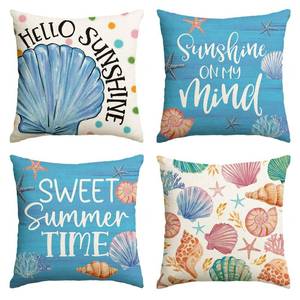 lot 1190 image: AVOIN colorlife Hello Summer Blue Shell Sunshine on My Mind Throw Pillow Covers, 18x 18 Inch Sweet Summer Time Polka Dots Cushion Case Decoration for Sofa Couch Holiday Seasonal Home Decor Set of 4 - Retail $14,825