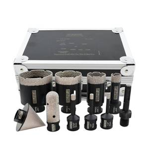lot 1191 image: Diamond Tile Hole Saw Kit 10-Pack, DT-DIATOOL Diamond Core Drill Bits Set 66819355165mm20mm Finger Bit50mm Chamfer BitSDS Adapter for Porcelain Ceramic Tile Marble Granite - Retail $95