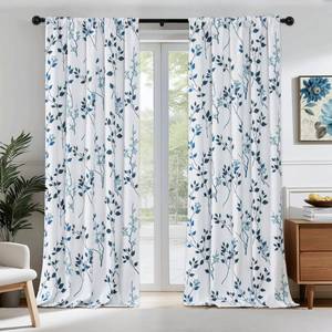 lot 1202 image: Beauoop Floral 100% Blackout Curtains for Bedroom Navy Blue 52X84 2 Panels - Retail $45
