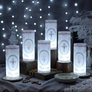 lot 1208 image: 20 Pcs 10 Sets Baptism Centerpieces for Table Baptism Lantern Tea Light Holders with LED Candles Angel Cross Table Lantern for Easter First Communion God Bless Baby Shower Party Decor - Retail $24