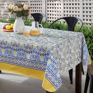 lot 1230 image: Home Bargains Plus Rectangle Vinyl Tablecloth with Flannel Backing, 60 x 102 Inch, Alluring French Country, Yellow and Blue Floral Vinyl Table Cover, Heavy Weight for Dining Party and Barbecues - Retail $27