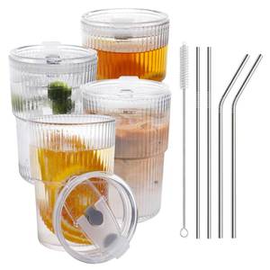 lot 1232 image: R��LW�Y 16 OZ Iced Coffee Cups with Lids and Straws Set of 4, Unbreakable Plastic Drinking Glasses Reusable Iced Coffee Glass to Go Cup for Iced Tea,Juice, Water,BPA Free, Dishwasher Safe - Retail $19