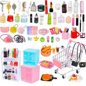 lot 1255 image: U-Zimikee 100 Pcs Dollhouse Mini Cosmetic Set��Miniature Bathroom Accessories��Mini Makeup Pretend Play Gifts for Girls��Jewelry Storage Case Shelf Handbag Camera Toiletries Dollhouse DIY Micro Scene - Retail $3,894
