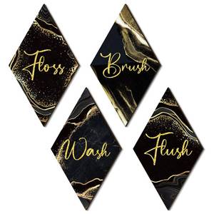 lot 1291 image: Weysat 4 Pcs Black and Gold Wooden Bathroom Wall Decor Wash Brush Floss Flush Wooden Rustic Marble Style Bathroom Accessories for Home Laundry Spa Room 11.81 x 6.69 Inch - Retail $10