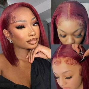 lot 1307 image: PANDA ANGEL 99J Burgundy Bob Wig Human Hair 13X4 HD 99j Burgundy Lace Front Wigs Human Hair Wear and Go Glueless Wig Human Hair Pre Plucked Pre Cut Bob Hd Lace Frontal Wig Short Wigs For Black Women - Retail $64