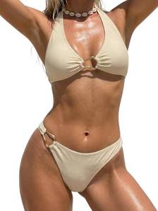 lot 1319 image: Luckydora Womens Halter Bikini Set V Neck Ring Linked Two Piece Swimsuit Cheeky Bathing Suit Sexy Summer Beachwear Pool Party Resort Swimwear Off White Medium - Retail $10