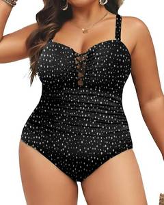 lot 1334 image: 18W Daci Women Plus Size One Piece Swimsuit - Tummy Control Bathing Suits Ruched Lace up Swimwear Sexy Swimsuits Black Dot - Retail $3,978