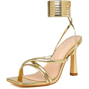 lot 1339 image: Mostrin Gold Strappy Heels for Women Lace Up Heels Tie Up Stiletto Heeled Sandals Square Open Toe High Heels for Prom, Party and Weddings Size 10 - Retail $34