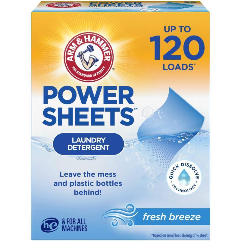 lot 64424 image: ARM & HAMMER Power Sheets Laundry Detergent, Fresh Breeze Scent, 60ct - Retail $12