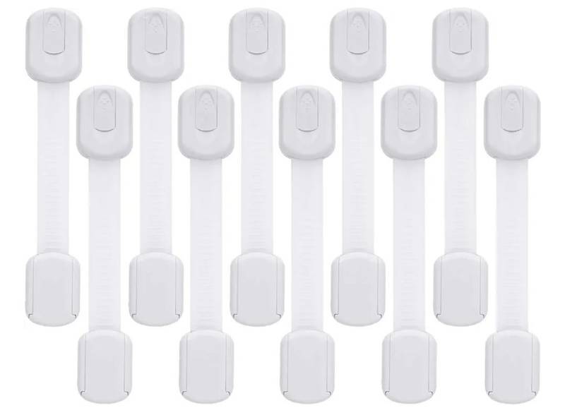 lot 39099 image: Child Safety Cabinet Locks - (10 Pack) Baby Proofing Latches to Drawer Door Fridge Oven Toilet Seat Kitchen Cupboard Appliance Trash Can - Retail $13