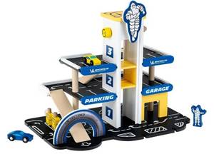 lot 29609 image: Michelin Car Service Mechanic Station Kids Wooden Toy Playset with 1 Play Car, Screwdriver, and Tires - Retail $36