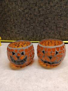 lot 1504 image: Pair of Mosaic Pumpkin Candle Holders Halloween Decor 3.5 inch