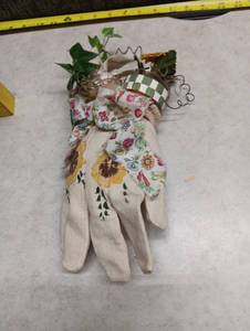 lot 1507 image: Decorative Garden Glove Planter with Artificial Flowers and Vegetables