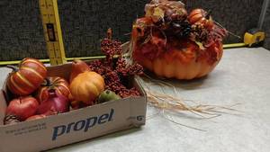 lot 1520 image: Fall Harvest Decorative Display with Artificial Fruits Vegetables Pumpkins