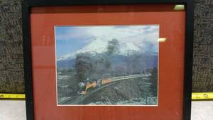 lot 1560 image: Framed Train Photograph with Mount Hood Mountain Landscape