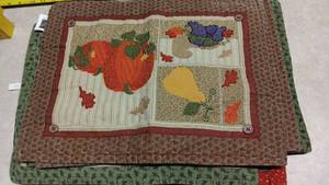 lot 1563 image: Fall Harvest Embroidered Quilted Fabric Panel with Pumpkins Apples Pears Leaves
