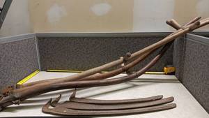 lot 1585 image: Garden Tool Scythe Blade Curved Wooden HandlesMetal Blades - Great Halloween Decor