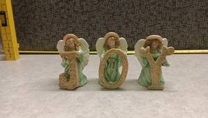 lot 1456 image: Set of 3 Angel Figurines w Ornate Letters & Candleholders
