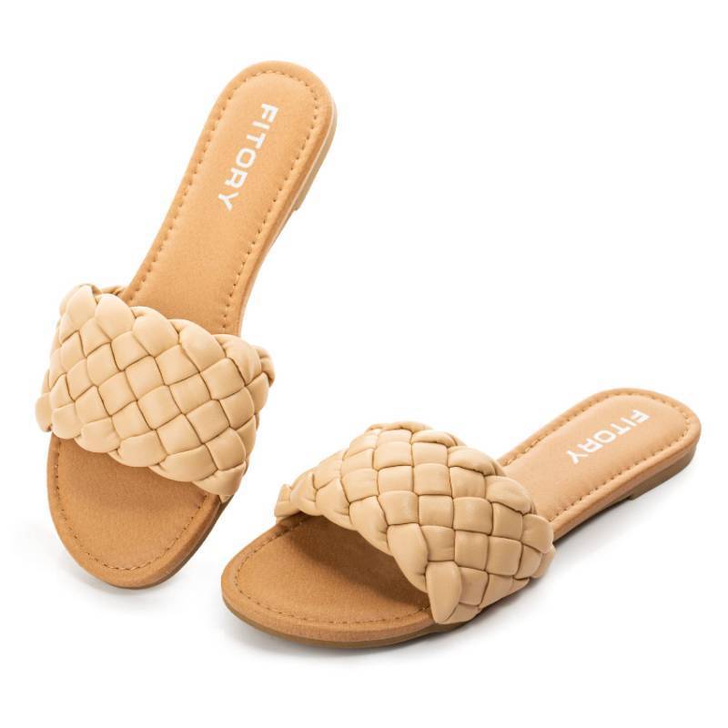 lot 180 image: FITORY Womens Flat Sandals Fashion Round Open Toe Slip On Slides with Braided Strap Slippers for Summer Size 8 Apricot - Retail $27