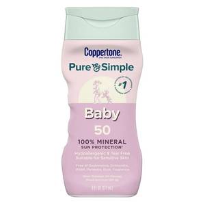 lot 105 image: Coppertone Pure & Simple Baby Mineral Sunscreen - SPF 50 - 6 fl oz Unscented Paraben-Free Lotion with Zinc Oxide - Retail $20