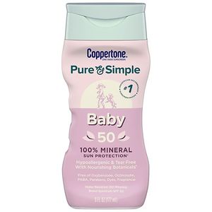 Coppertone Pure & Simple Baby Mineral Sunscreen - SPF 50 - 6 fl oz: Unscented Paraben-Free Lotion with Zinc Oxide - Retail: $20