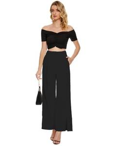 lot 164 image: DECIVI Womens Pleated Front Palazzo Pants for Work Business Casual Wide Leg Hight Waist Split Side Trousers Double Button Black - Retail $35