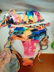 lot 166 image: Colorful Three-Piece Swimsuit Set XL Bikini with Maxi Long Sleeve Coverup - Retail $35