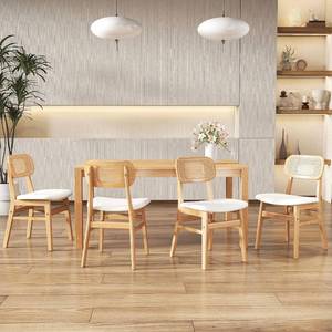lot 4012 image: $150 Lot of 2 ROCITY Rattan Dining Chairs White Lambswool Dining Room Chairs Natural Wooden Kitchen Chairs Farmhouse
