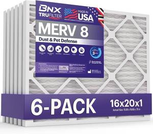 lot 4082 image: BNX TruFilter 16x20x1 Air Filter MERV 8 (6-Pack) - MADE IN USA   Dust & Pet Defense Electrostatic Pleated Air Conditioner HVAC AC Furnace Filters for Dust, Pet, Mold, Pollen MPR 600   700 & FPR 5