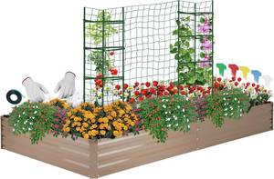 lot 4087 image: ONCEMORE Galvanized Raised Garden Bed for Vegetables Flowers Herbs, Metal Raised Garden Bed Kit with 2 PCS Tomato Cage, Gloves, Trellis Netting, Plant Labels, Plant Ties, Brown 6 3 1FT