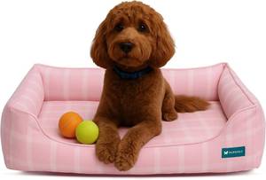lot 4111 image: Orthopedic Bolster Dog Bed   CertiPUR-US Foam, Recycled Polyester Canvas, Washable Cover, Anti-Slip Bottom, Large, Pink Check   Stylish Designer Dog Sofa