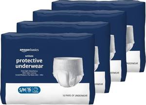 lot 4112 image: Amazon Basics Unisex Protective Overnight Incontinence Underwear with Odor Protection, SmallMedium, 64 Count (4 Packs of 16)