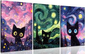 lot 5044 image: GAVVENN Black Cat Canvas Wall Art, Starry Night, 12x16