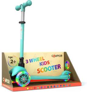 lot 5076 image: Teal Mini 3 Wheel Scooter for Kids   Lean-to-Steer Kick with LED Light-Up Wheels, Adjustable Handlebar, Wide Anti-Slip Deck, Smooth PU Wheels, Rear Foot Brake   Suitable for Ages 2