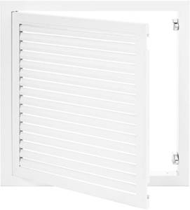 lot 5102 image: 17.4 x 17.4 Louvered Access Panel with Push-Button Switch - Access Panel with Vent - White Aluminum - Inside Dimensions 16 x 16 inch