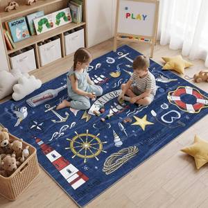 lot 5121 image: Sasttie 4x6 Area Rug, Coastal Nautical, Washable Ocean Theme Rugs, Navy