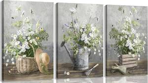 lot 5134 image: 3pcs Country Daisies Canvas Wall Art Countryside Flower Painting Picture Wall Decor Farmhouse Still Life Basket Poster Print Artwork for Bathroom Bedroom Home Decoration 16x24in