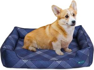 lot 5159 image: Orthopedic Bolster Dog Bed   CertiPUR-US Foam, Recycled Polyester Canvas, Washable Cover, Anti-Slip Bottom, Medium, Navy Plaid   Stylish Designer Dog Sofa