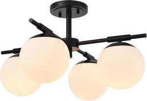 lot 5176 image: $120 4 Light Semi Flush Mount Ceiling Light Fixture Matte Black Light Fixture with Globe Milk Glass Shade for Bedroom, Living Room, Dinning Room, Foyer Hallway Corridor Laundry Room Bar