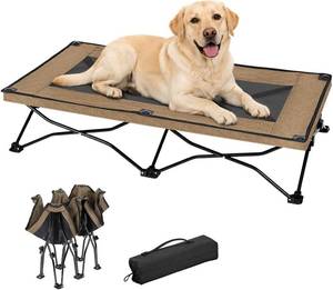 lot 5193 image: Foldable Elevated Dog Bed for Large Dogs, No-Assembly Raised Dog Cot, Portable Outdoor Cooling Bed with Breathable Teslin Mesh, Anti-Slip Feet, Sturdy Frame Supports 150 lbs, Indoor, Camping
