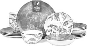 lot 5203 image: 16 Pcs Porcelain Grey Dishes dinnerware set for 4 With Pasta bowls