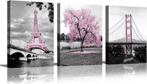 lot 6011 image: Wall Art for Bedroom Pink Tree Paris Eiffel Tower Golden Gate Bridge Romantic Black and White City Poster Bathroom Pictures Prints On Canvas for Living Room Decor