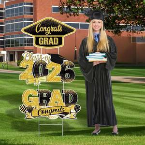 lot 6025 image: Graduation Yard Signs Class of 2026, 3-Pack Black and Gold Congrats Grad Yard Sign with Metal Stakes and Whiteboards for Graduation Party Decorations Outdoor Party Supplies