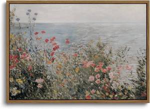lot 6026 image: KISSFOX Vintage Framed Wall Art Coastal Wildflowers Canvas Art Prints Rustic Farmhouse Pictures Wall Decor Cottagecore Summer Aesthetic Paintings Artwork For Kitchen Bedroom Living Room Bathroom
