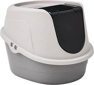 lot 6034 image: Amazon Basics No-Mess Hooded Enclosed Cat Litter Box with Odor Control and Swinging Door, Standard, 21 x 16 x 15, Multicolor