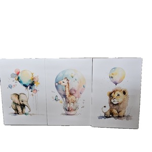 lot 6042 image: Set of 3 Framed Balloon Animal Canvas Wall Art - Watercolor Giraffe, Lion, and Elephant Prints - Cute Safari Animal Posters for Kids Room Decor 16 X24