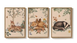 lot 5208 image: $120 Framed Forest Animal Wall Art, 3 Piece Nature Whimsical Cottage Core Woodland Canvas Prints Pictures for Nursery Wall Decor, Neutral Deer Fox Artwork for Bedroom Kids Room Living Room Walls, 16x24 In