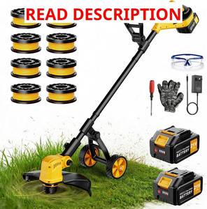 lot 5245 image: Cordless String Trimmer with Wheels, 2x3.0Ah 21V Battery Powered Weed Eater, 14-Inch Electric Lawn Mower Weed Wacker, Brush Cutter Grass Trimmer for Garden Yard