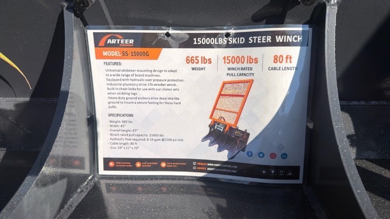 lot 6028 image: Unused Arteer 15000lbs Skid Steer Winch Model SS-15000G 80 ft Cable
